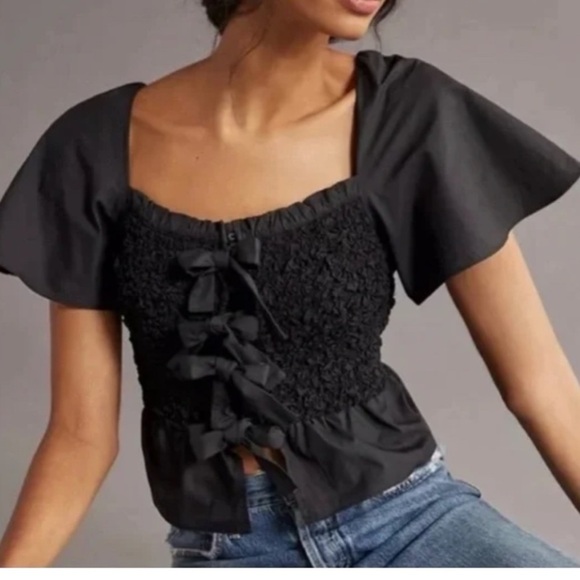 Mare Mare Tops - Mare Mare black top blouse shirred peplum bows ties Anthropologie Anthro